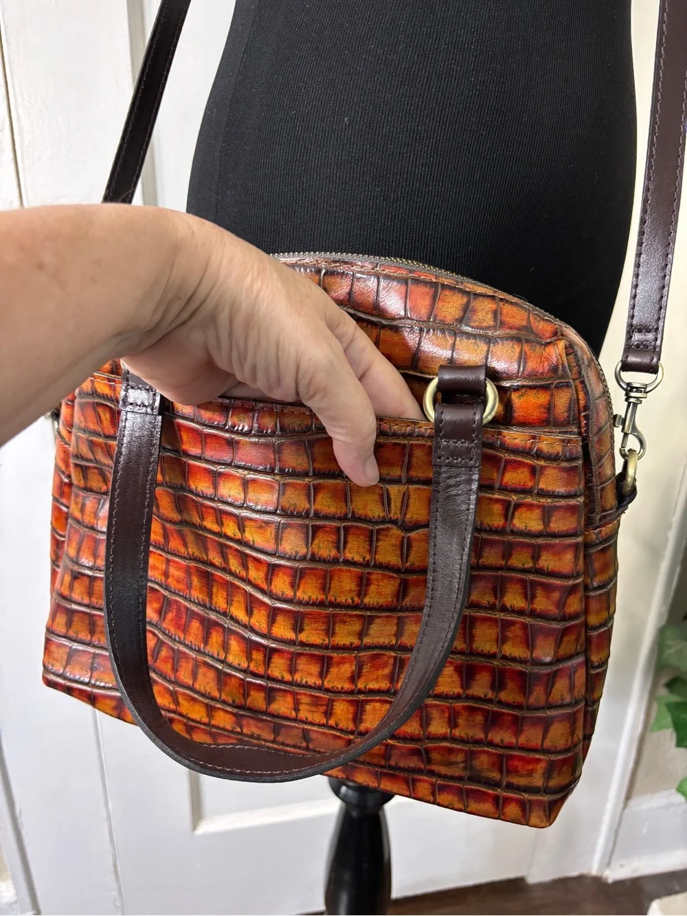Patricia Nash Brown Rosora Croc-Embossed Leather Satchel Autumn Bag - Picture 11 of 16